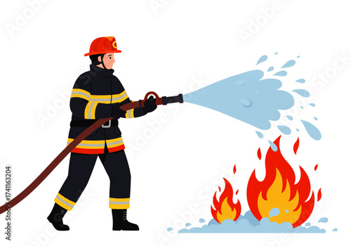 A firefighter wearing protective gear is spraying water from a hose to extinguish a fire.