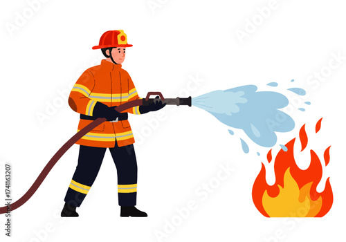 A firefighter in full gear is aiming a hose and spraying water onto a fire.