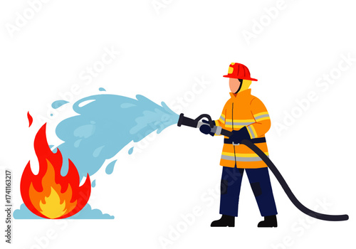 Firefighter in protective gear extinguishing a fire with a hose, spraying water on flames against a white background.