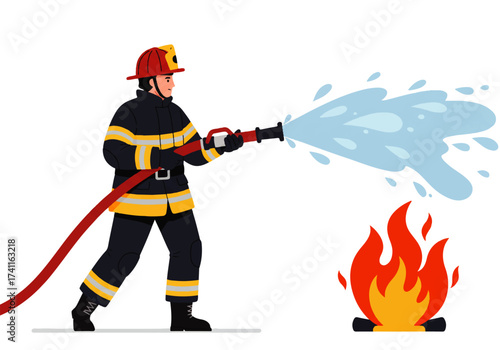 Firefighter in full gear spraying a fire with a hose, extinguishing the flames with a powerful stream of water.
