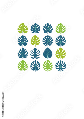A Decorative Grid of Stylized Tropical Monstera Leaves in Various Shades of Green and Blue