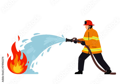 A firefighter in protective gear aims a water hose at a vibrant fire, extinguishing the flames.