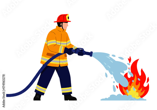 Firefighter in full gear extinguishing a fire with a hose, spraying water onto the flames against a white background.