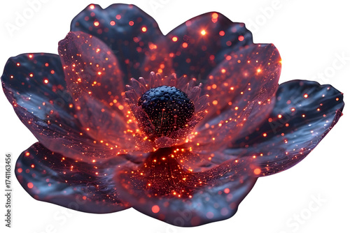 A deep dark red burgundy lotus flower heavily covered in bright glowing orange and gold starry speckles, isolated on a white background, dramatic fantasy art.
