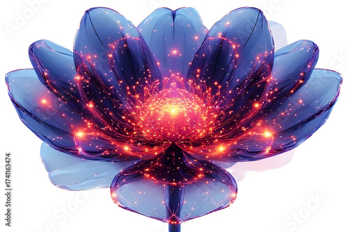 A translucent deep blue glass lotus flower with a fiery crimson red and orange glowing core, sparks flying out, isolated on a clean white background.