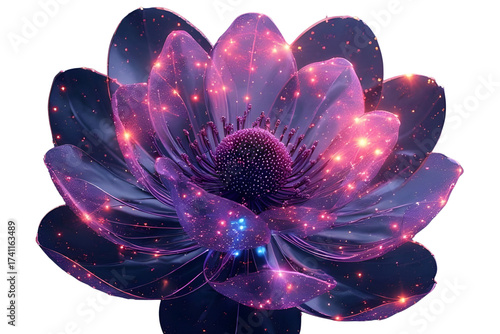A dark purple and magenta neon lotus flower, cosmic style, glowing pink sparkles along the edges of the petals, dark center, mysterious fantasy illustration.