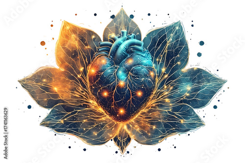 A surreal illustration of an anatomical human heart glowing with golden nervous-system lines, resting inside a dark teal and gold lotus flower, isolated on a white background.