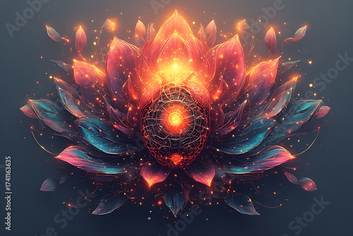 A surreal dark lotus flower with a fiery red and orange glowing core shaped like an energy orb, magma texture, sparkling particles, dark cosmic background, dramatic lighting.
