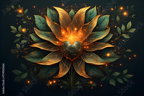 A mystical dark green lotus flower with a radiant golden-orange glowing heart embedded in its center, fantasy digital art, intricate details, dark moody background, glowing particles.