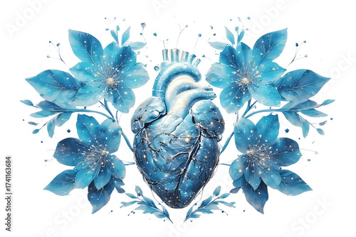 An anatomical human heart intricately merged with elegant blue crystal flowers and leaves, watercolor and fine line ink style, clean white background, medical art, surrealism, symmetry, detailed.