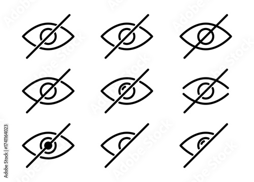 Sensitive content. Set of icons of a crossed-out eye. Censored and sensitive content. Crossed-out eye symbol for sensitive content, outline icons. Vector