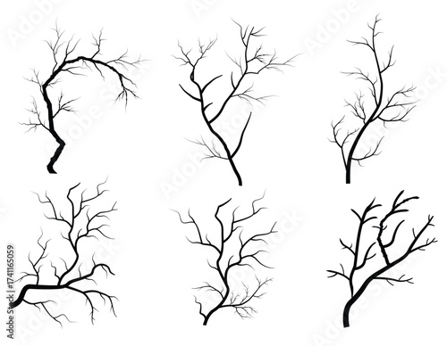 Minimal naked tree vector silhouette dead tree branches isolated on white background design