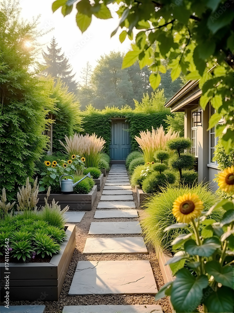 Obraz premium Urban Cottage Living: Serene Urban Garden with Sunflowers and Vintage Watering Can