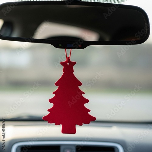 Red Christmas Tree Air Freshener Hanging in Car interior