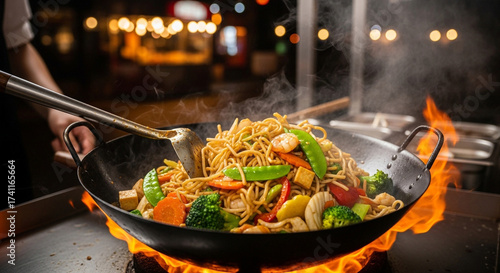Chef is cooking delicious stirfried noodles with vegetables in a wok over an open fire, creating a vibrant and flavorful culinary scene