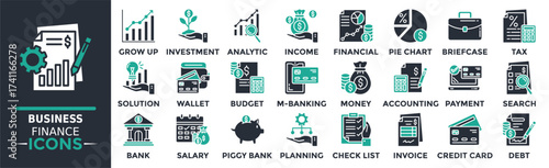 Business and finance icon collection set. Containing solution, wallet, budget, money, m-banking, investment, grow up and more. Solid vector icons collection