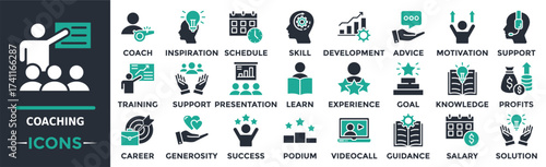 Coaching icon collection set. Containing coach, inspiration, schedule, skill, development, advice, motivation and more. Solid vector icons collection