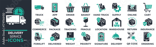Delivery Service icon collection set. Containing truck, app, order, basket, hand truck, supply, online and more. Solid vector icons collection