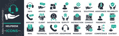 Helpdesk icon collection set. Containing information, advice, solving, help, service, solutions, assistance and more. Solid vector icons collection
