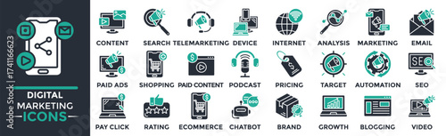 Digital Marketing icon collection set. Containing content, search, telemarketing, device, internet, analysis, marketing and more. Solid vector icons collection