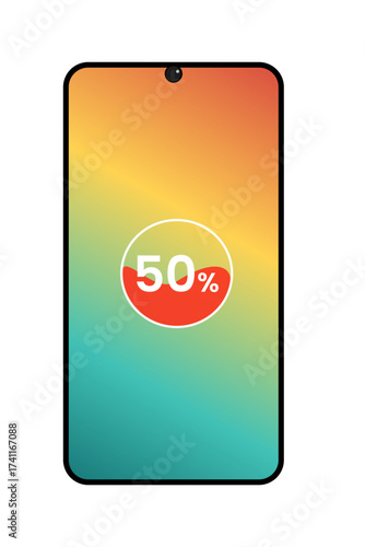 A sleek smartphone featuring a vibrant gradient screen and a circular battery indicator at 50 percent. Ideal for tech, mobile lifestyle, and battery life themes in media.