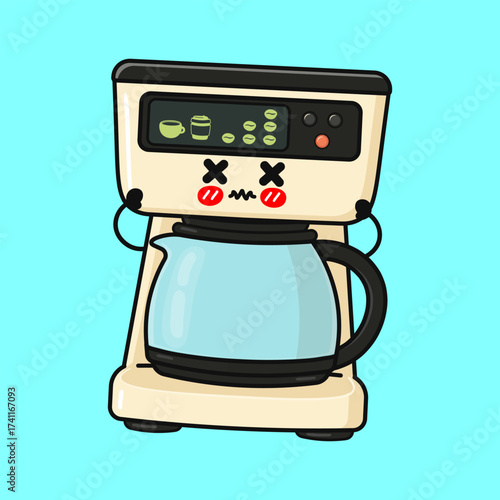 Kawaii coffee maker character tired stressed