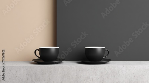 Wallpaper Mural Slow bar coffee, Two elegant black coffee cups with saucers sit on a smooth concrete surface, contrasted against neutral-colored backgrounds for a minimalist aesthetic. Torontodigital.ca