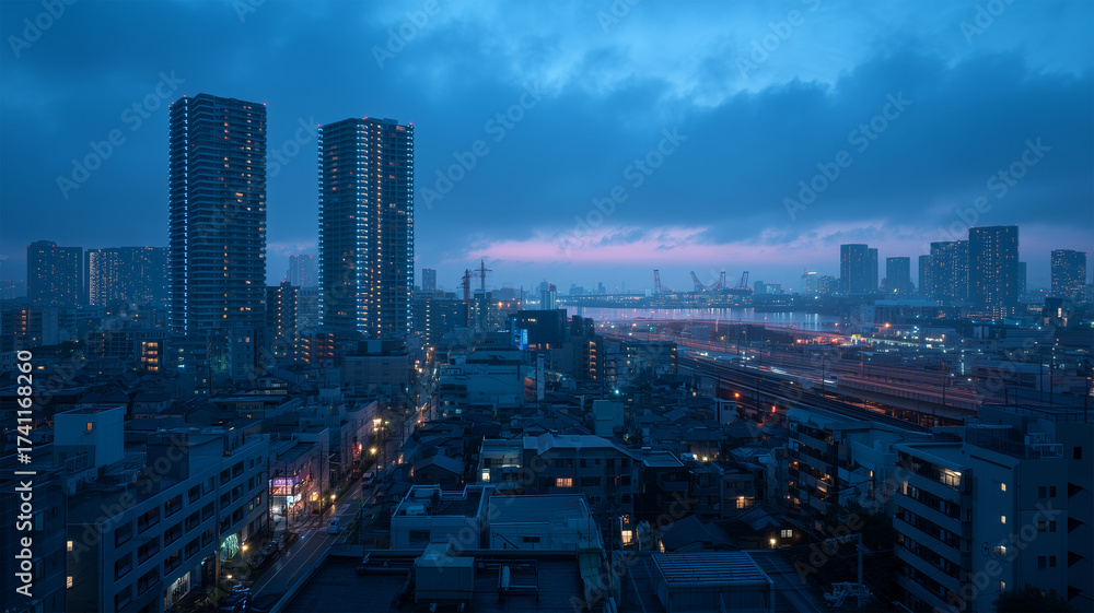 Fototapeta premium 夜明け前の湾岸高層群景