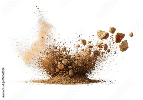 Earthy explosion scattering rocks and dust isolated on a transparent background