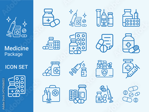 Medicine Package Icon Set. Medical Box, Healthcare Symbols, Pharmacy, Drugs, Pills and First Aid Vector.