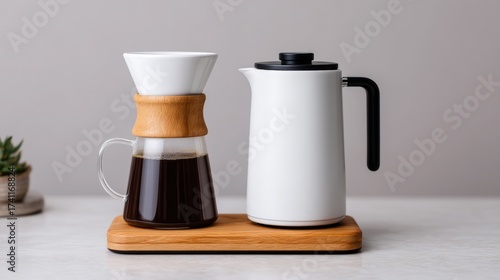 Slow bar coffee, A stylish coffee setup featuring a glass coffee maker, a white kettle, and a wooden serving tray, creating a modern and minimalist aesthetic.