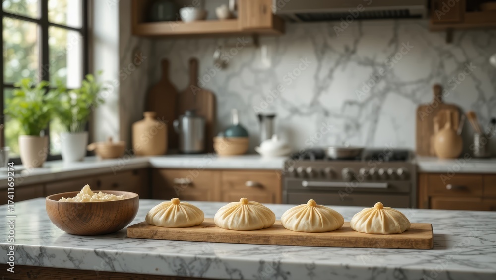 Fototapeta premium Artfully Arranged Homemade Dumplings on a Marble Kitchen Countertop with Wooden Accents