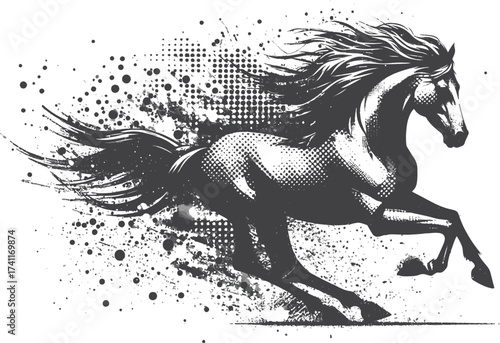  A powerful horse in mid-gallop rendered in black and white with halftone textures and splatter patterns. Conveys speed, energy, and freedom for sports, art, and design projects