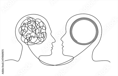 One line art of two human profiles facing each other, with a chaotic brain connecting to a calm, circular brain. Editable line. Hand drawn one line vector.	