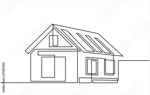 Abstract country house in continuous line art drawing style. Family home minimalist black linear design isolated on white background. Editable line. Hand drawn one line vector.	