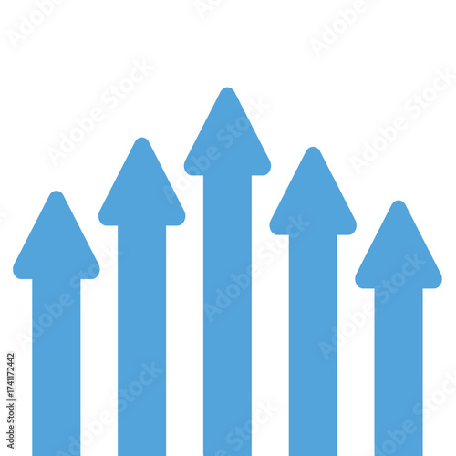 Five blue upward-pointing arrows on a white background are arranged in a symmetrical pattern. Each arrow is identical in shape and size, with a narrow shaft and a wide triangular tip