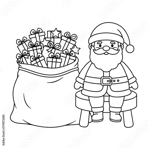 Santa Claus with gift sack coloring page vector | Christmas line art for kids | Holiday illustration