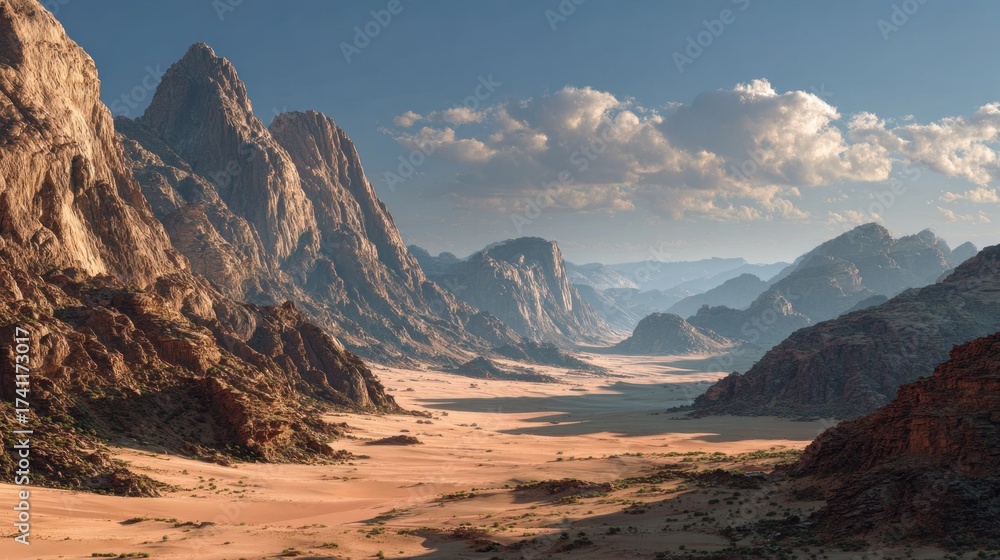 Fototapeta premium Dramatic desert landscape showcasing towering rock formations and arid terrain