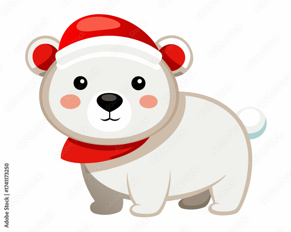 Fototapeta premium Christmas polar bear wearing Santa hat, cute winter vector isolated on white background
