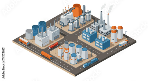 Isometric industrial complex with factory buildings and trucks on roads