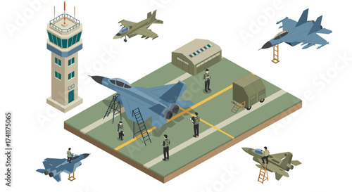Isometric aircraft maintenance scene with aviation experts and military fighter jets