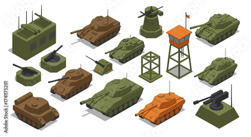 Isometric military tanks and equipment set with watchtower and cannons