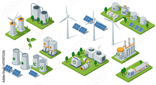Sustainable energy systems isometric art with wind turbines and solar panels