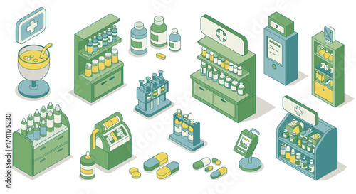 Isometric pharmacy concepts with shelves and medicine icons in pastel tones