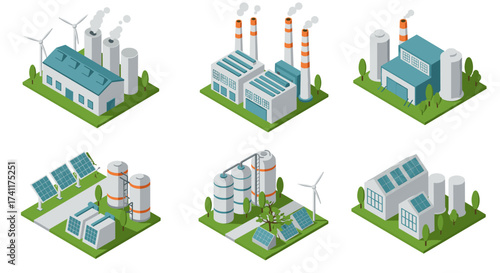 Sustainable energy facilities and green technology isometric set