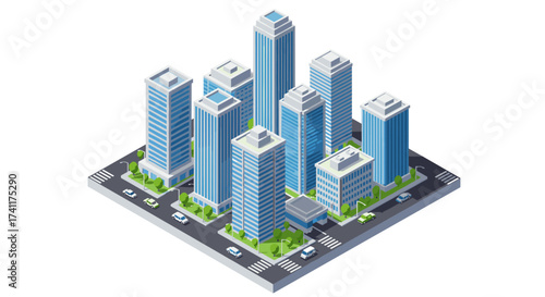 Modern cityscape with high rise blue tone isometric buildings and streets