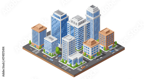 Modern isometric urban cityscape with skyscrapers and streets