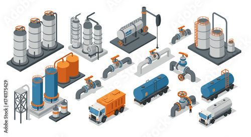 Isometric industrial oil and gas equipment with trucks and pipelines