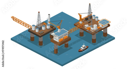 Isometric offshore oil rigs with crane and boat in ocean environment