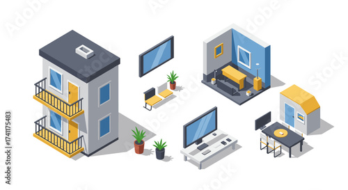 Isometric home interior and exterior design elements with modern furniture and decor